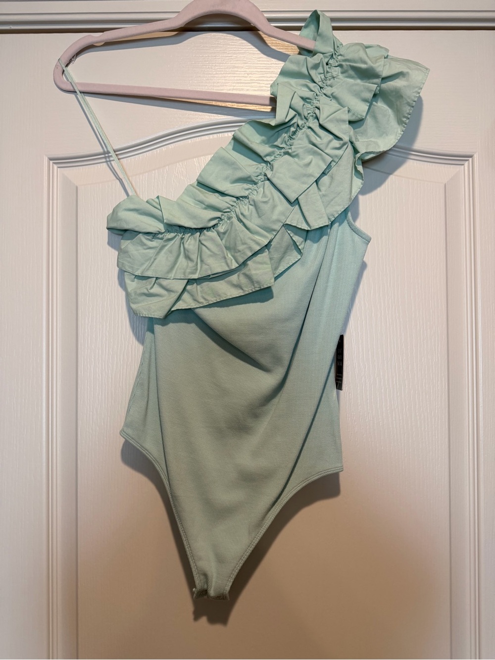 NWT One-Shoulder Ruffle Bodysuit in Mint Green